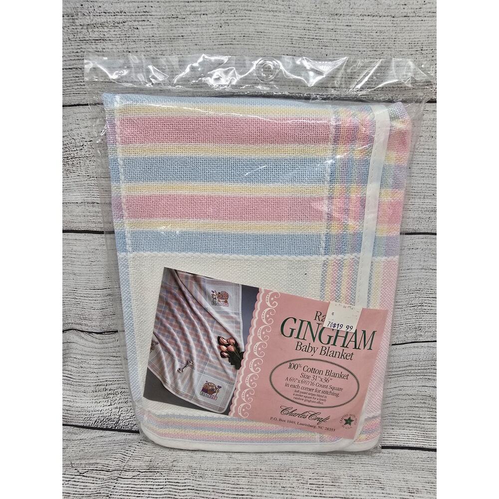 New Charles Craft Rainbow Gingham Baby Blanket Cross Stitch Cotton Sealed Kit